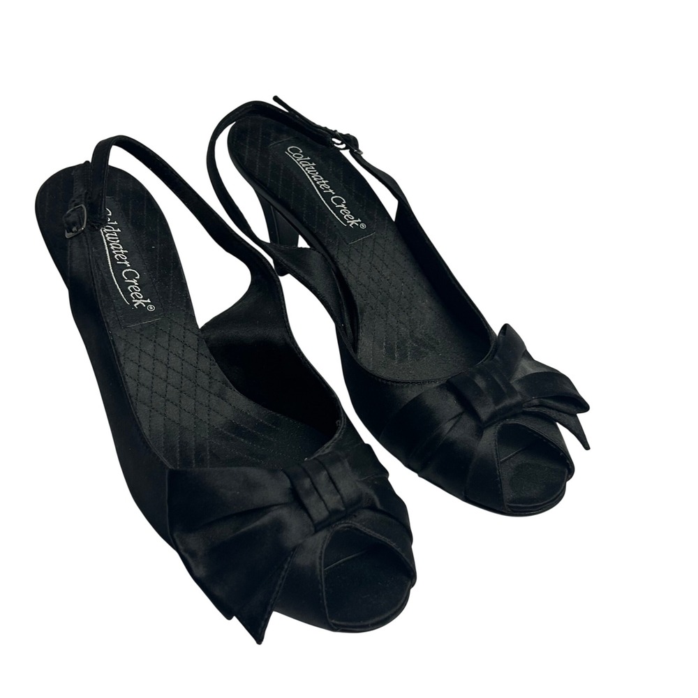 Coldwater Creek Black Satin Bow Peep Toe Slingback Kitten Heels 9M